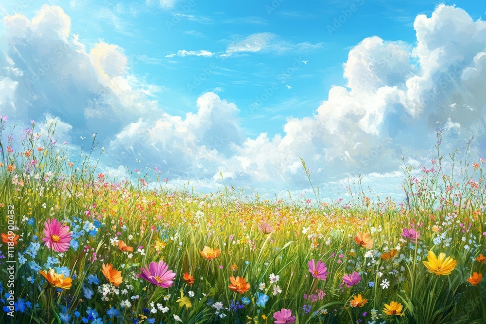 Scenic landscape painting depicting a vibrant meadow filled with colorful wildflowers under a bright blue sky with fluffy white clouds Scenic landscape painting depicting a vibrant meadow filled with colorful wildflowers under a bright blue sky with fluffy white clouds