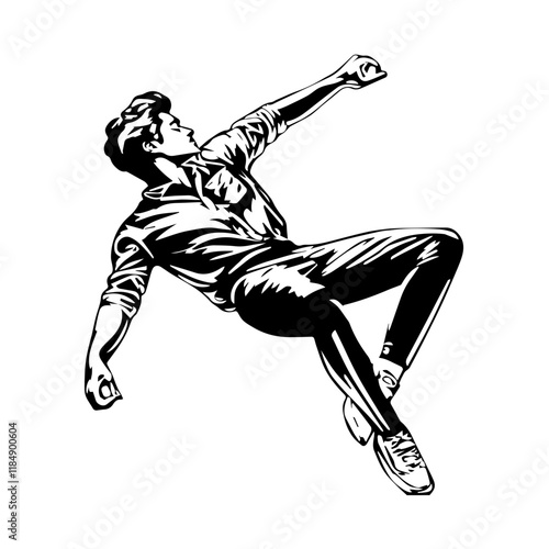 Silhouette of a young Asian man freestyle dancing at a wedding, wearing a stylish modern outfit like a graphic T-shirt, skinny jeans, and sneakers, full-body view from head to toe, solid black