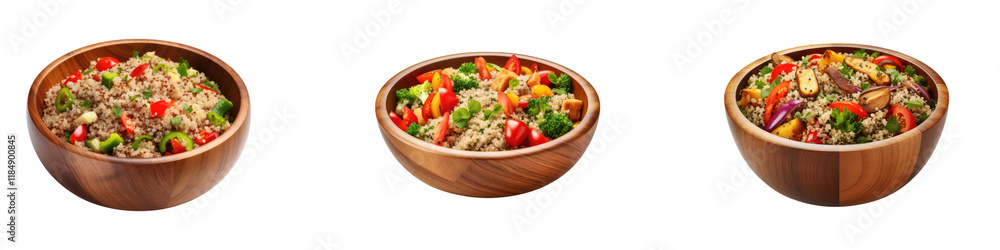 Wooden bowl filled with cooked quinoa isolated on transparent background, Set of Wooden bowl filled with cooked quinoa isolated on transparent background, Set of