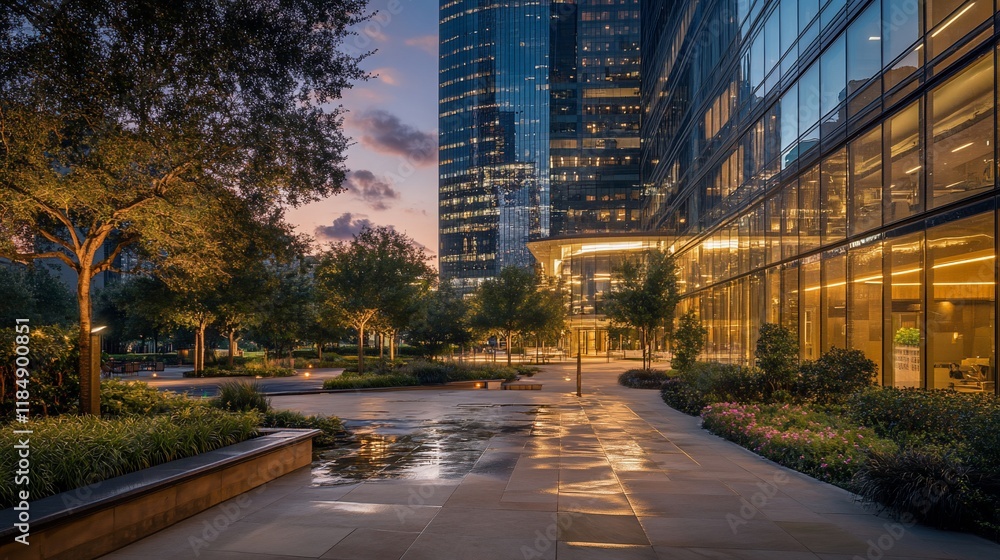Fototapeta premium Urban park at dusk, illuminated modern office building, landscaped courtyard, tranquil atmosphere.