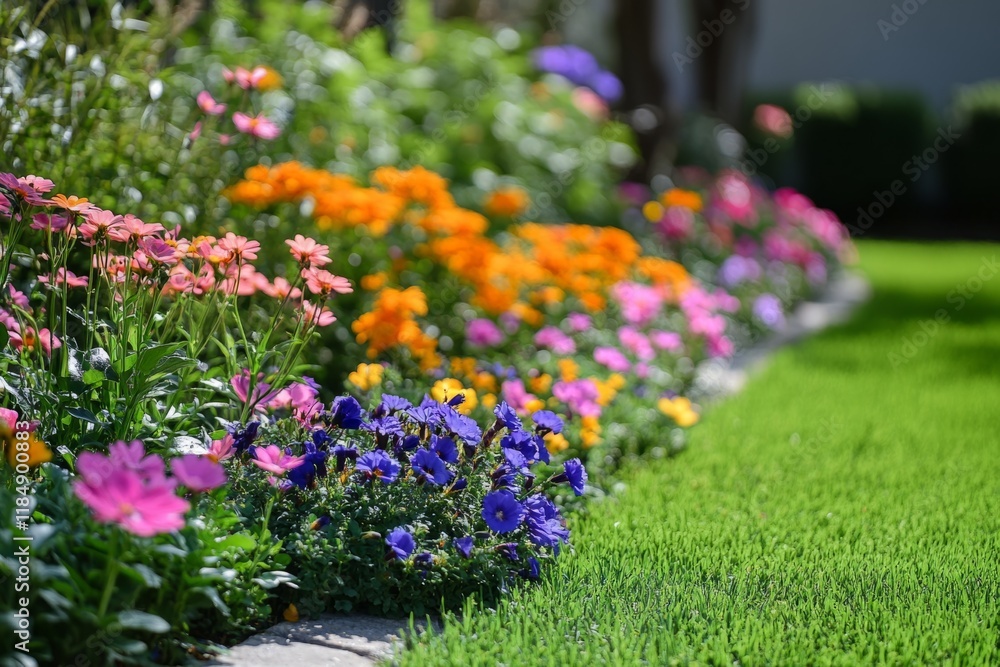 Obraz premium Beautiful flowerbed with colorful flowers blooming next to a perfectly mown green lawn in a garden during a sunny summer day