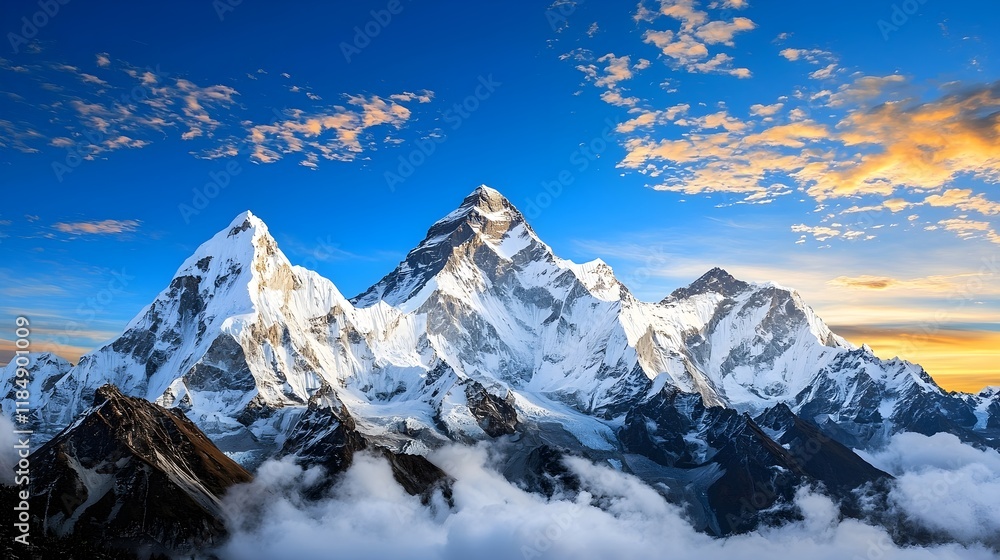 Fototapeta premium Majestic snow-capped mountains under a vibrant blue sky, with clouds hovering gently below, creating a breathtaking natural landscape.