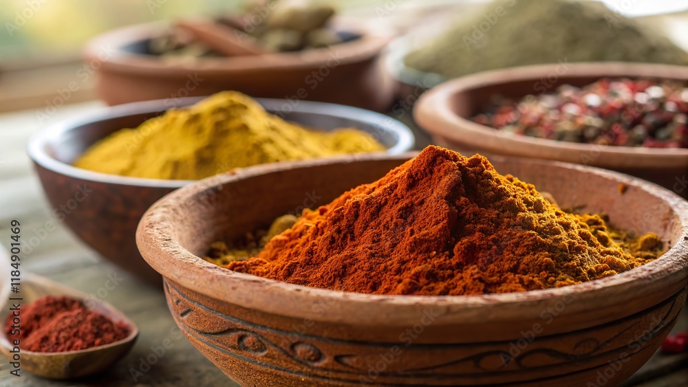 Rich close up of berbere spice in traditional Ethiopian clay bowl showcasing vibrant color and texture Rich close up of berbere spice in traditional Ethiopian clay bowl showcasing vibrant color and texture