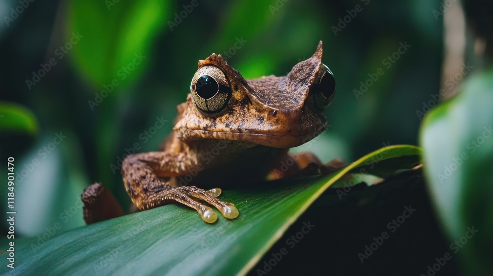 Obraz premium Close-up of a Horned Tree Frog on a Leaf in a Lush Rainforest