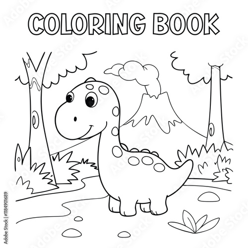 A happy dinosaur standing a prehistoric forest filled with volcanoes for kids coloring book.