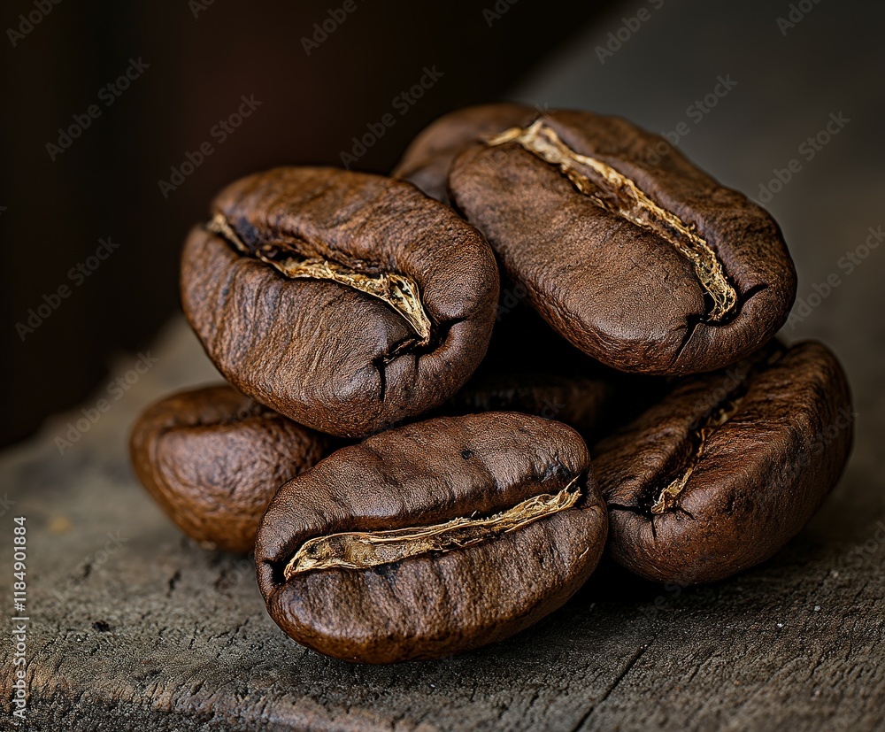 Freshly roasted coffee beans resting on a wooden surface in natural light Freshly roasted coffee beans resting on a wooden surface in natural light