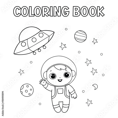  A kid astronaut floating in space near their spaceship for kids coloring book