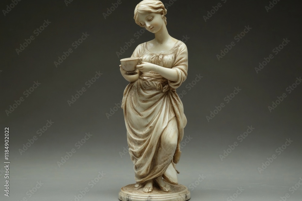 Fototapeta premium Vintage figurine of a woman in classical attire, holding a teacup