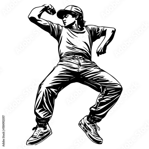 Silhouette of a young Asian man freestyle dancing at a wedding, wearing a stylish modern outfit like a graphic T-shirt, skinny jeans, and sneakers, full-body view from head to toe, solid black