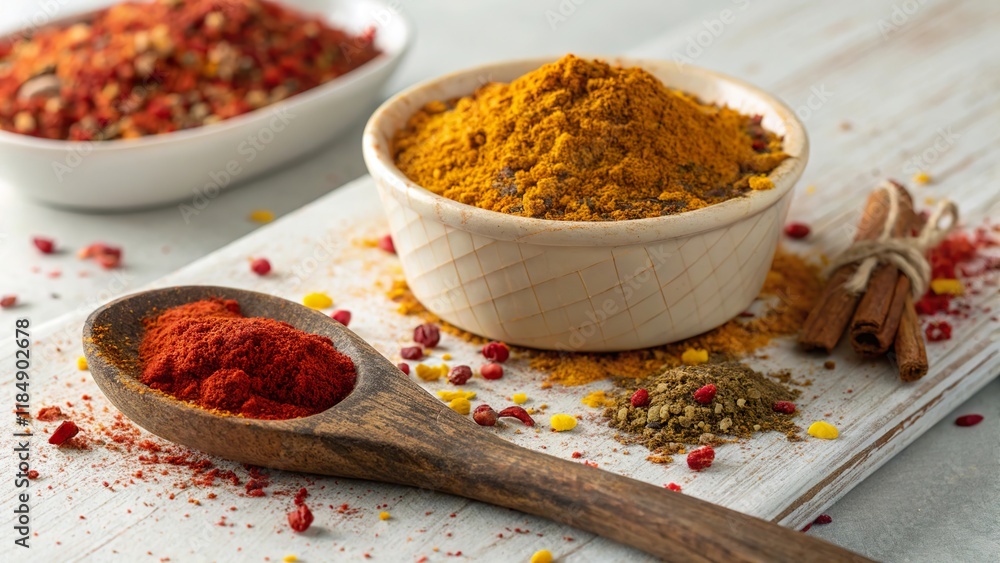 Close up of a small bowl filled with vibrant berbere spice mix on a rustic surface Close up of a small bowl filled with vibrant berbere spice mix on a rustic surface