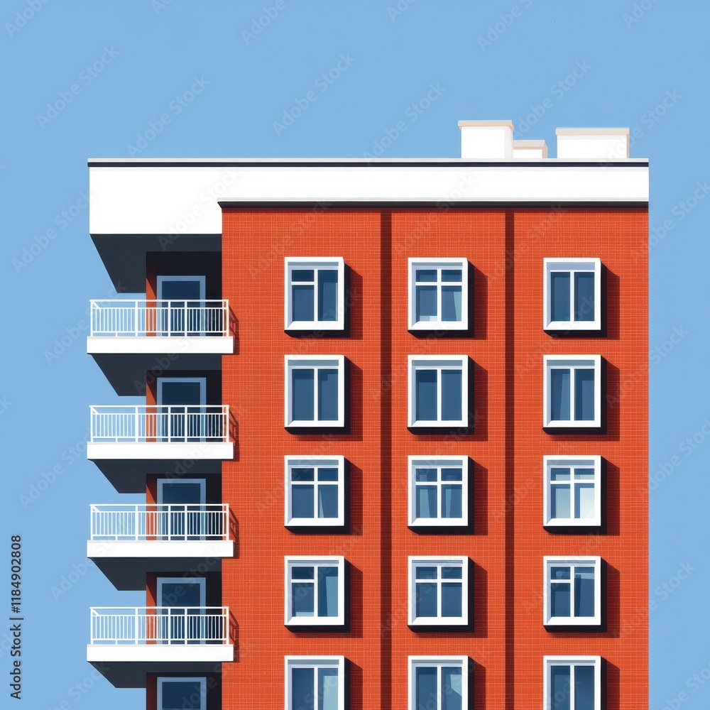 Naklejka premium A modern red brick apartment building with balconies against a clear blue sky.