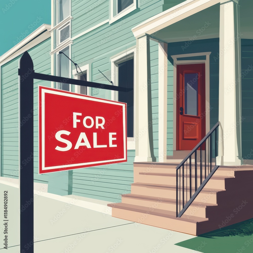 Naklejka premium Charming green house with red 'For Sale' sign, inviting potential buyers to explore its features.