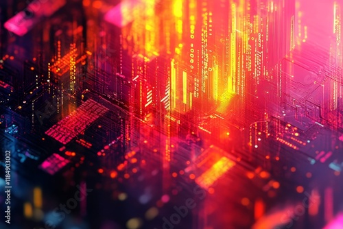 Complex quantum computer is processing data with artificial intelligence, glowing in red and orange