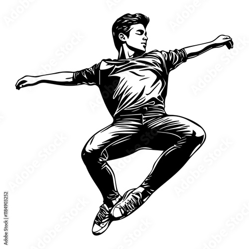 Silhouette of a young Asian man freestyle dancing at a wedding, wearing a stylish modern outfit like a graphic T-shirt, skinny jeans, and sneakers, full-body view from head to toe, solid black