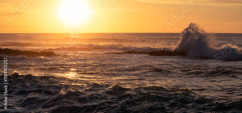 Panoramic photo of a seascape at sunset