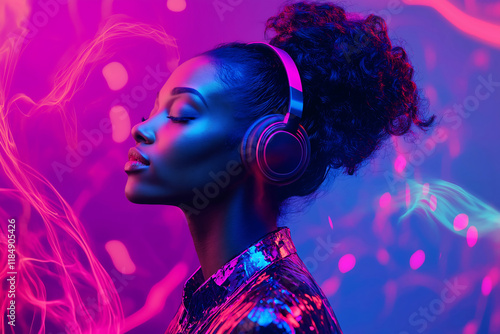 Confident Woman face with a Headphones. purple color lights