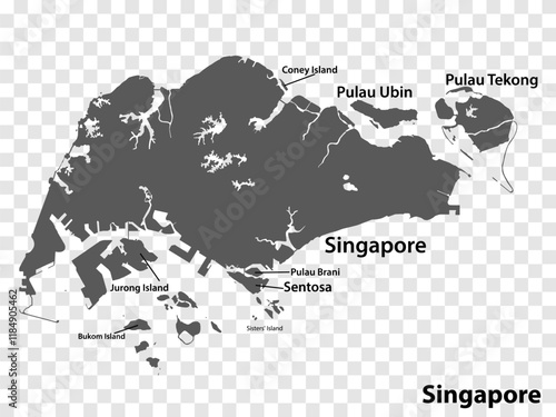 Blank map Singapore in gray. Every Island map is with titles. High quality map of  Singapore on transparent background for your  design.  EPS10.