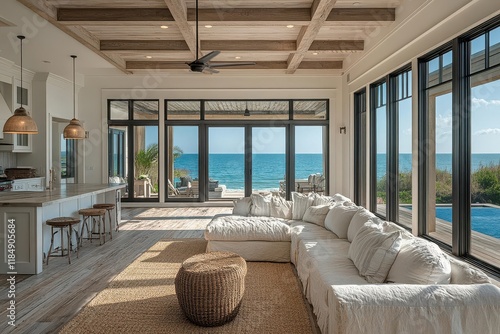 traditional coastal beach house interior with weathered wood floors seainspired decor and floortolength windows overlooking ocean panorama photo