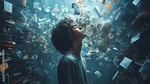 Young man surrounded by flying papers and books, overwhelmed. photo