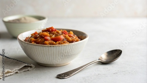 Enjoying a bowl of adjapsandali in a minimalist kitchen setting filled with flavorful vegetables and warmth photo