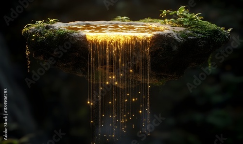 Magical floating rock with golden waterfall and glowing particles.