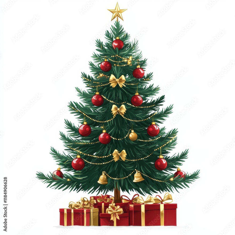 Fototapeta premium A beautifully decorated Christmas tree with red ornaments and golden gifts beneath it.