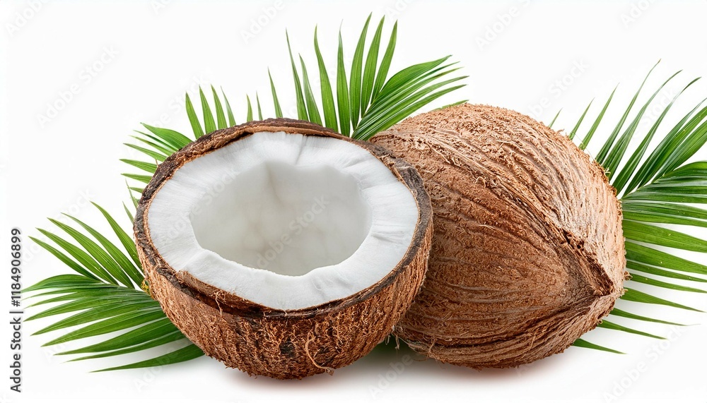 coconut isolated coconut whole half and piece with leaves on white background broken white coco flying full depth of field coconut isolated coconut whole half and piece with leaves on white background broken white coco flying full depth of field