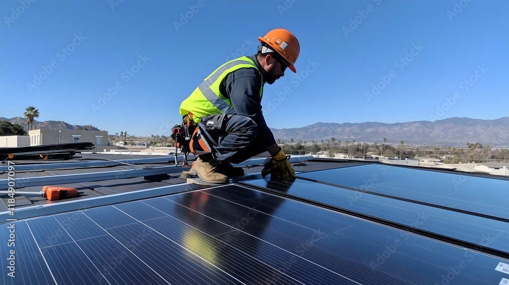 custom made wallpaper toronto digitalInstaller working on solar panel installation on rooftop with clear blue sky in background