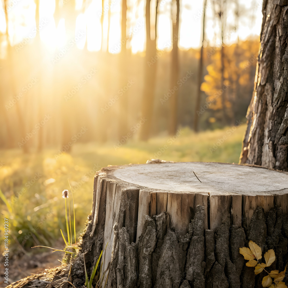 rustic wooden tree stump display with sunlit rustic wooden tree stump display with sunlit