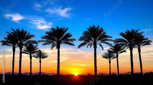 Silhouetted palm trees against a vibrant sunset with blue and orange hues, creating a serene tropical atmosphere.