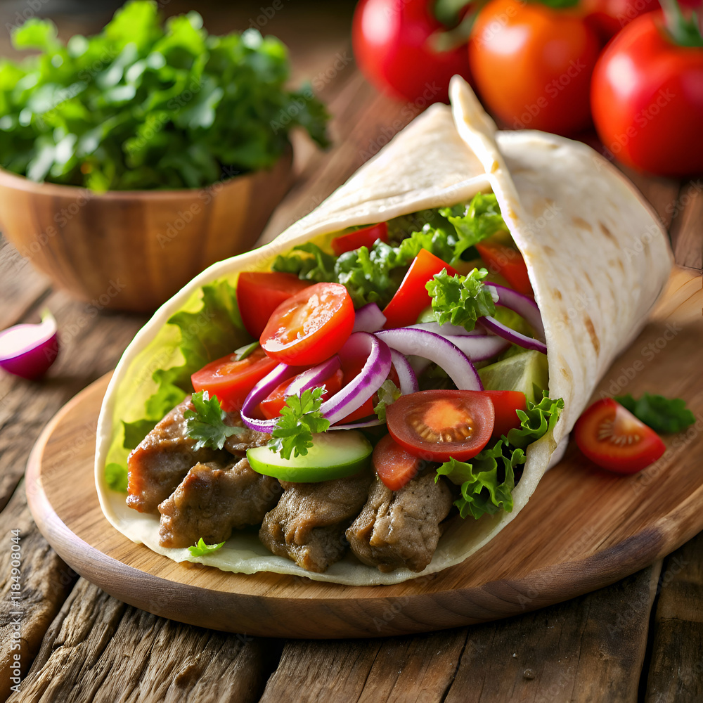 Delicious Mediterranean wrap filled with meat and veggies. Delicious Mediterranean wrap filled with meat and veggies.