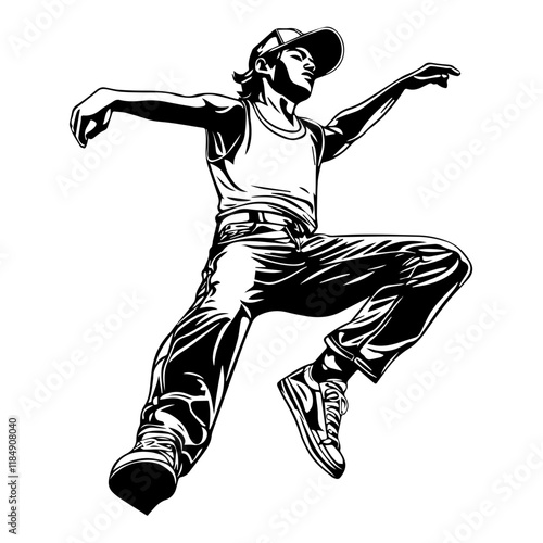 Silhouette of a young Asian man freestyle dancing at a wedding, wearing a stylish modern outfit like a graphic T-shirt, skinny jeans, and sneakers, full-body view from head to toe, solid black