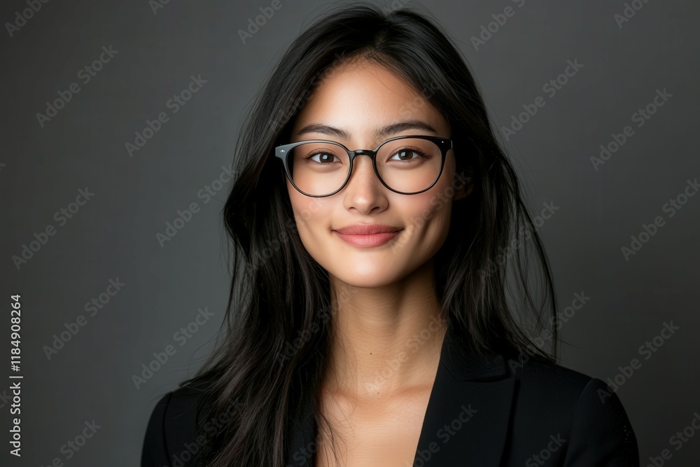 Fototapeta premium Smiling young woman in glasses and black blazer on plain backdrop
