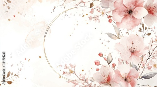 Fototapeta Naklejka Na Ścianę i Meble -  Watercolor floral frame with pink flowers and gold circle.