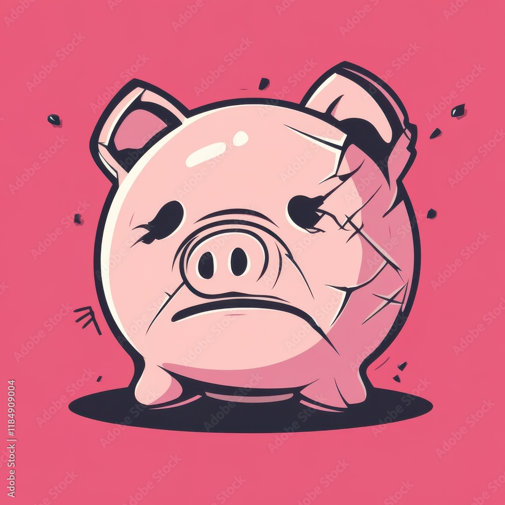 Obraz premium A cracked piggy bank on a vibrant pink background, expressing sadness and financial struggle.