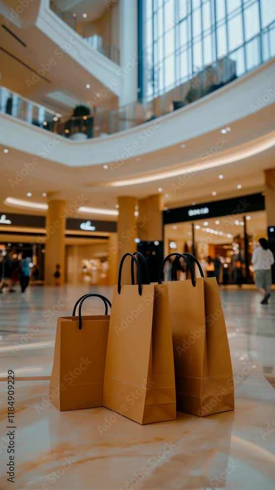 Shopping bags in a modern shopping mall with stores and people strolling in the background Shopping bags in a modern shopping mall with stores and people strolling in the background