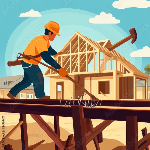 Wallpaper Mural Hardworking male construction worker at a building site, focused on his task amid a sunny, blue sky. Torontodigital.ca