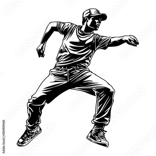Silhouette of a young Asian man performing a hip-hop dance at a wedding, wearing a baseball cap, a tank top, loose-fitting joggers, and high-top sneakers, full-body view from head to toe, solid black 