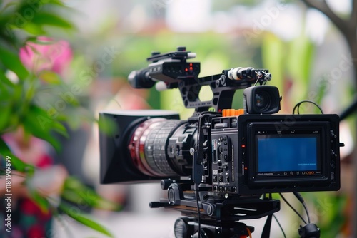 High quality video camera capturing footage at an outdoor event, showcasing professional filmmaking equipment photo