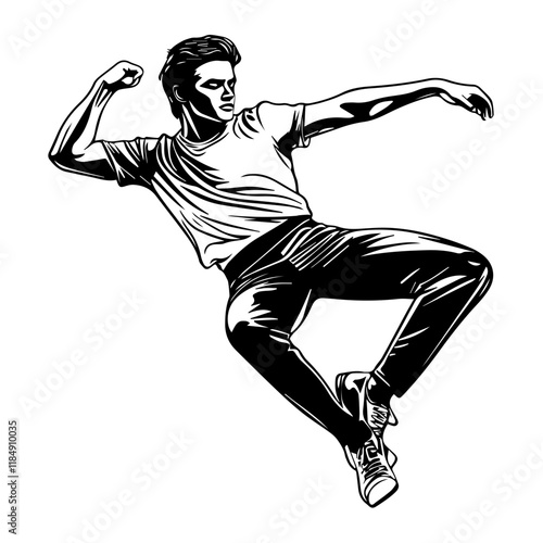 Silhouette of a young Asian man freestyle dancing at a wedding, wearing a stylish modern outfit like a graphic T-shirt, skinny jeans, and sneakers, full-body view from head to toe, solid black