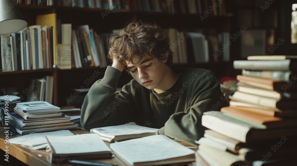 A Tired Student Studying in a Library Filled with Books A Tired Student Studying in a Library Filled with Books