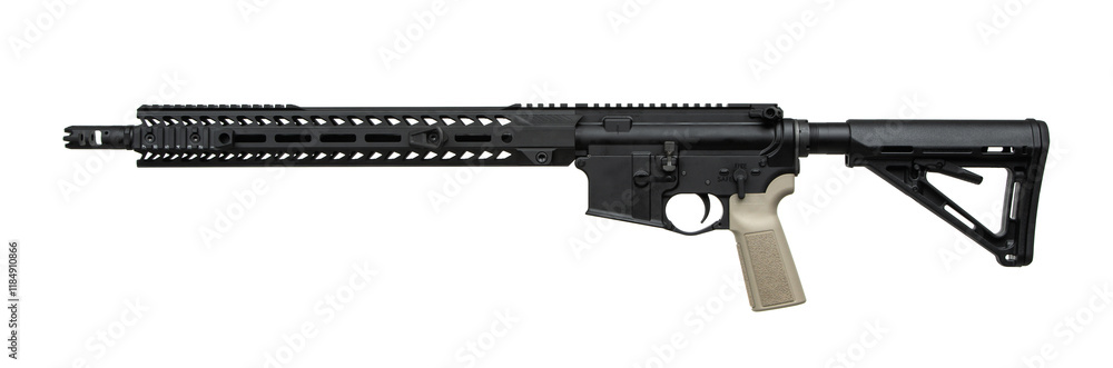 A modern semi-automatic rifle with a black adjustable stock, tan pistol grip, and a long handguard with multiple slots for attachments, isolated on a white back A modern semi-automatic rifle with a black adjustable stock, tan pistol grip, and a long handguard with multiple slots for attachments, isolated on a white back