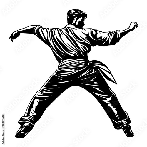 Silhouette of a young Asian man freestyle dancing at a wedding, wearing a stylish modern outfit like a graphic T-shirt, skinny jeans, and sneakers, full-body view from head to toe, solid black