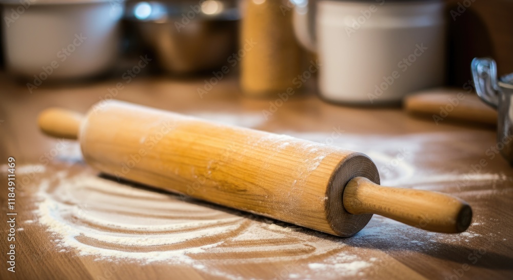 Fototapeta premium Rustic wooden rolling pin on a floured kitchen counter
