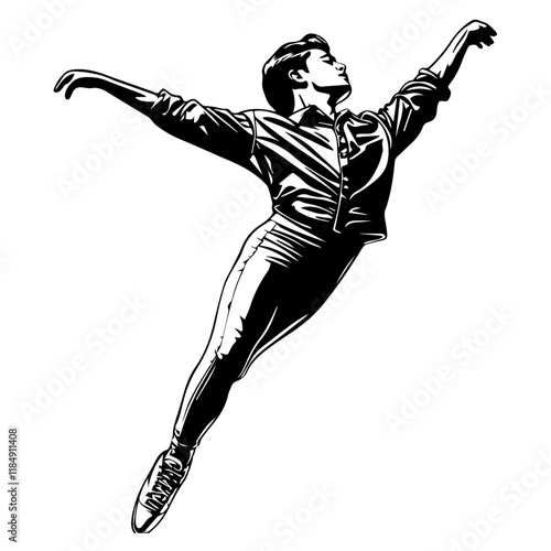 Silhouette of a young Asian man freestyle dancing at a wedding, wearing a stylish modern outfit like a graphic T-shirt, skinny jeans, and sneakers, full-body view from head to toe, solid black