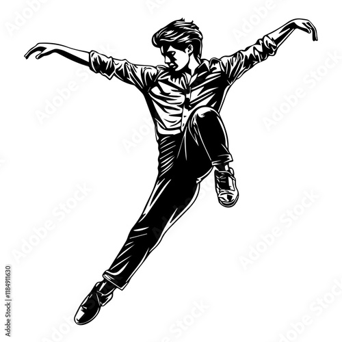 Silhouette of a young Asian man freestyle dancing at a wedding, wearing a stylish modern outfit like a graphic T-shirt, skinny jeans, and sneakers, full-body view from head to toe, solid black