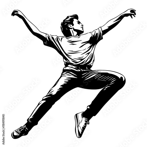 Silhouette of a young Asian man freestyle dancing at a wedding, wearing a stylish modern outfit like a graphic T-shirt, skinny jeans, and sneakers, full-body view from head to toe, solid black