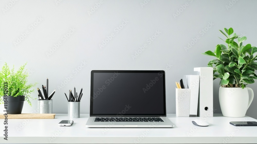Fototapeta premium Modern Minimalist Home Office Setup with Laptop and Plants