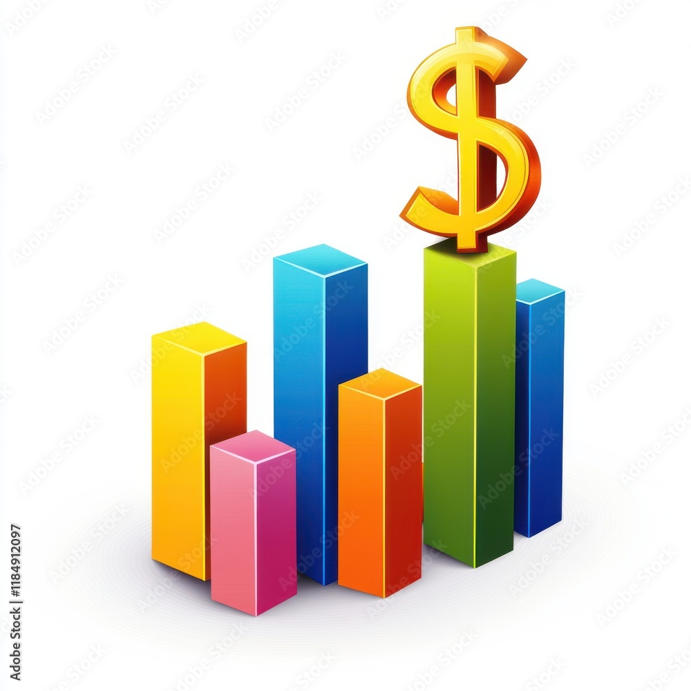 Colorful bar graph with a dollar sign, symbolizing financial growth and investment success. Colorful bar graph with a dollar sign, symbolizing financial growth and investment success.