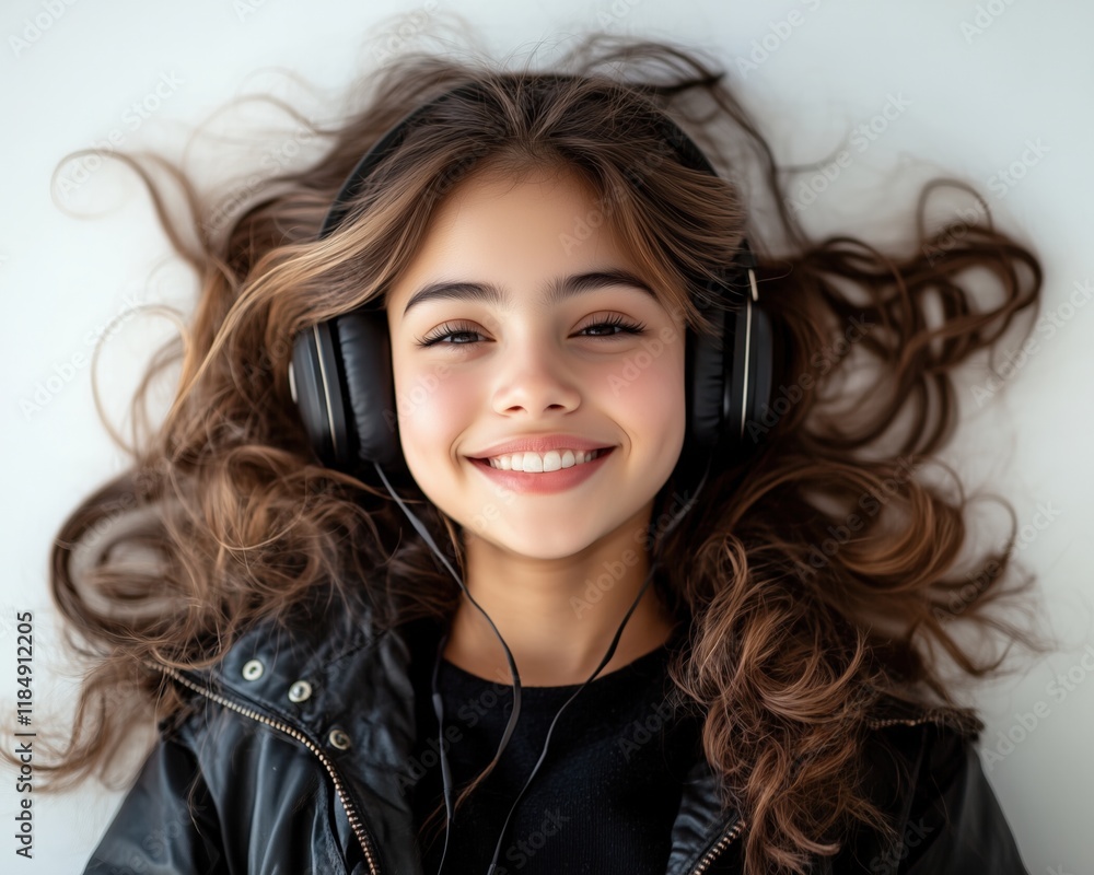 Smiling girl enjoying music with headphones, hair flowing freely on a light background